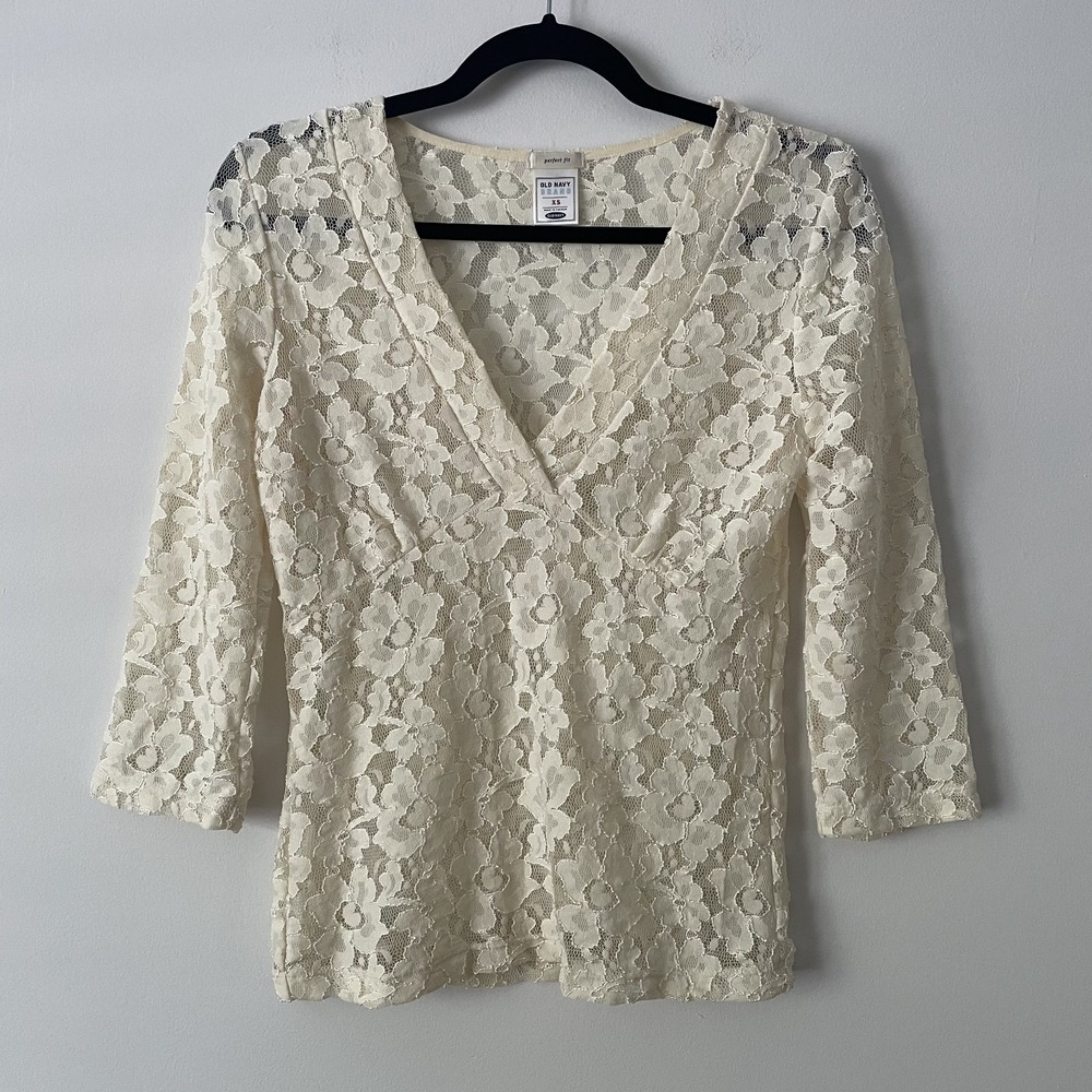 VTG Y2K Babydoll Sheer Lace Top Cream XS Stretch Coquette Fairy Ethereal 2005